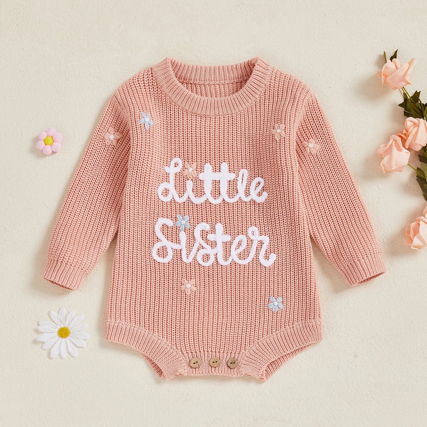 Newborn Baby Sweater Romper - Letter Floral Embroidery Round Neck Knit Jumpsuit