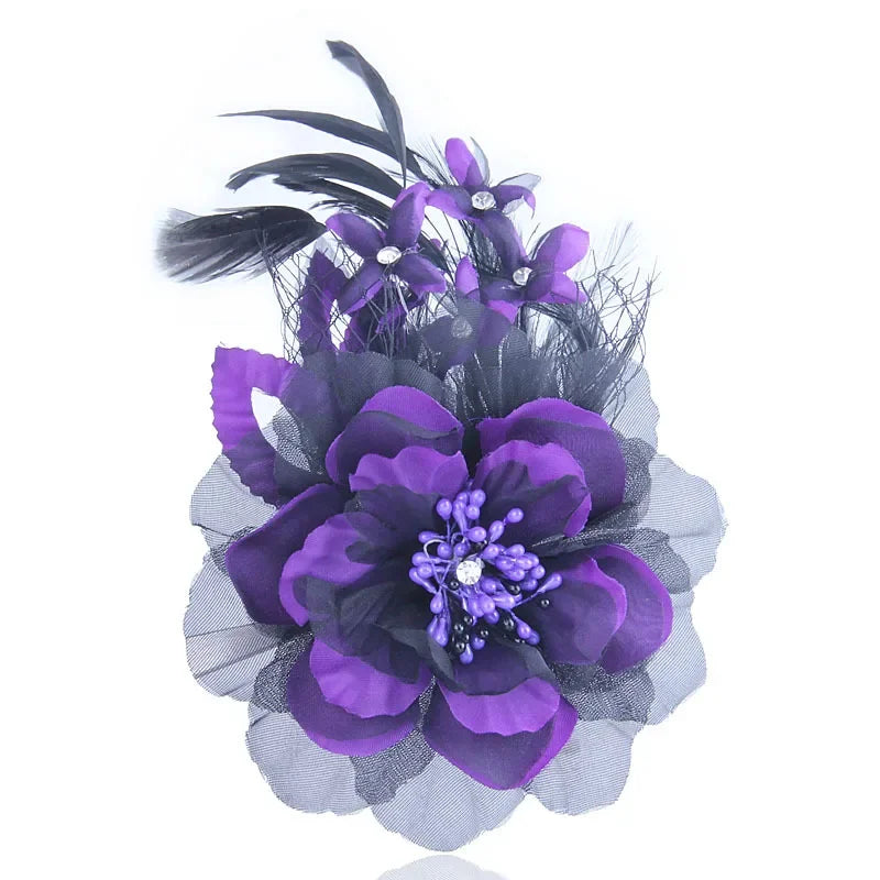 Fabric Flower Brooch with Feather - Elegant Cloth Art Corsage Lapel Pin