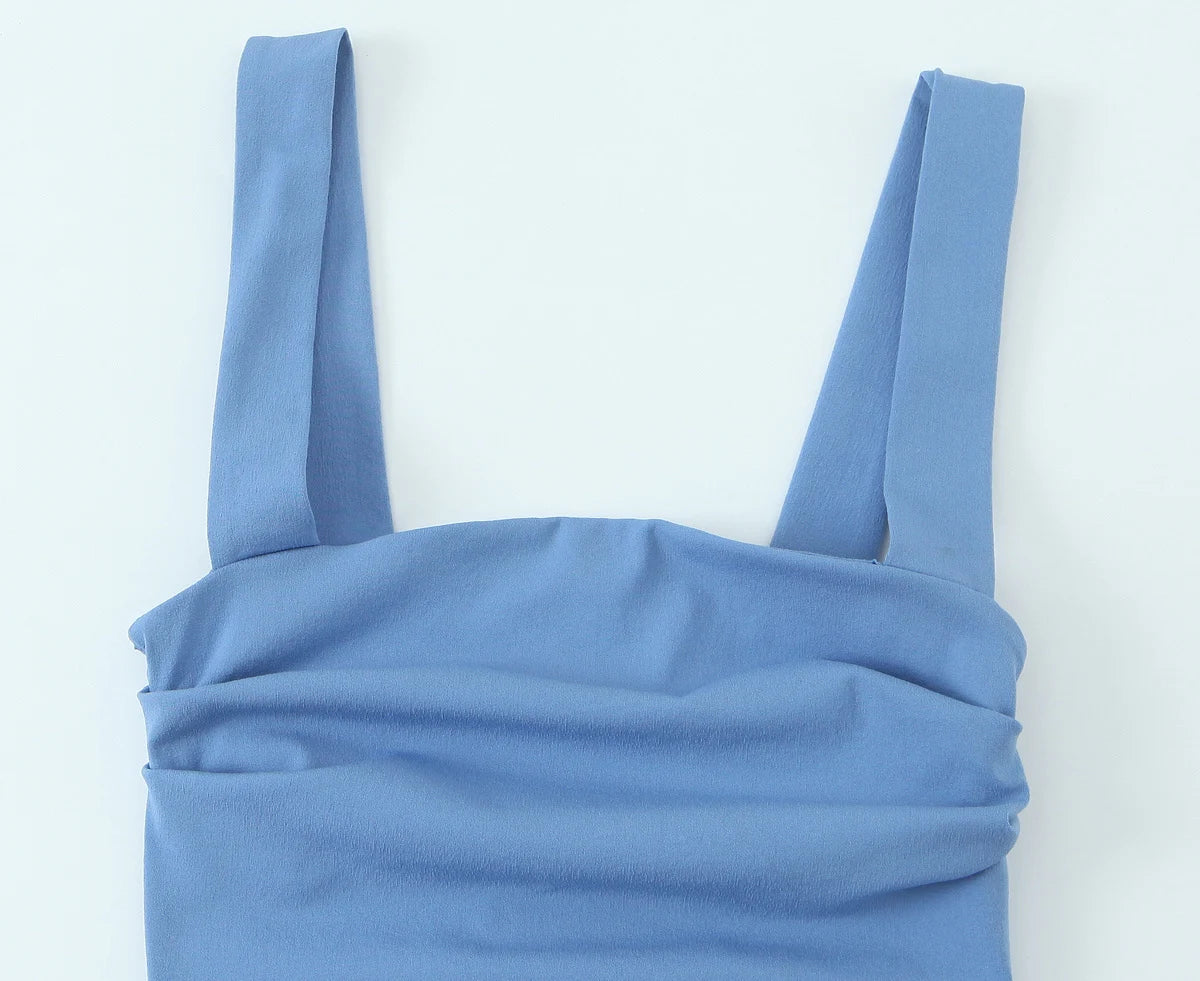 Women's French Temperament Blue Vest Camisole Waist Cinching Slit Long Dress