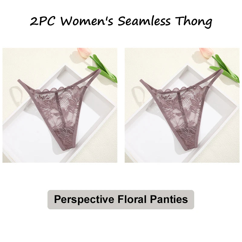 Floral Lace Thong Underwear - Low Waist Transparent Briefs for Women