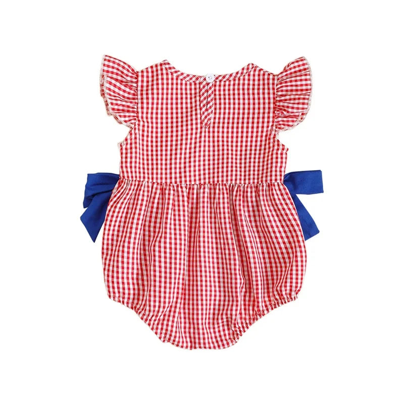 Baby Girls Independence Day Romper - Cute Ruffles Fly Sleeve Plaid Print Jumpsuit (0-18M)