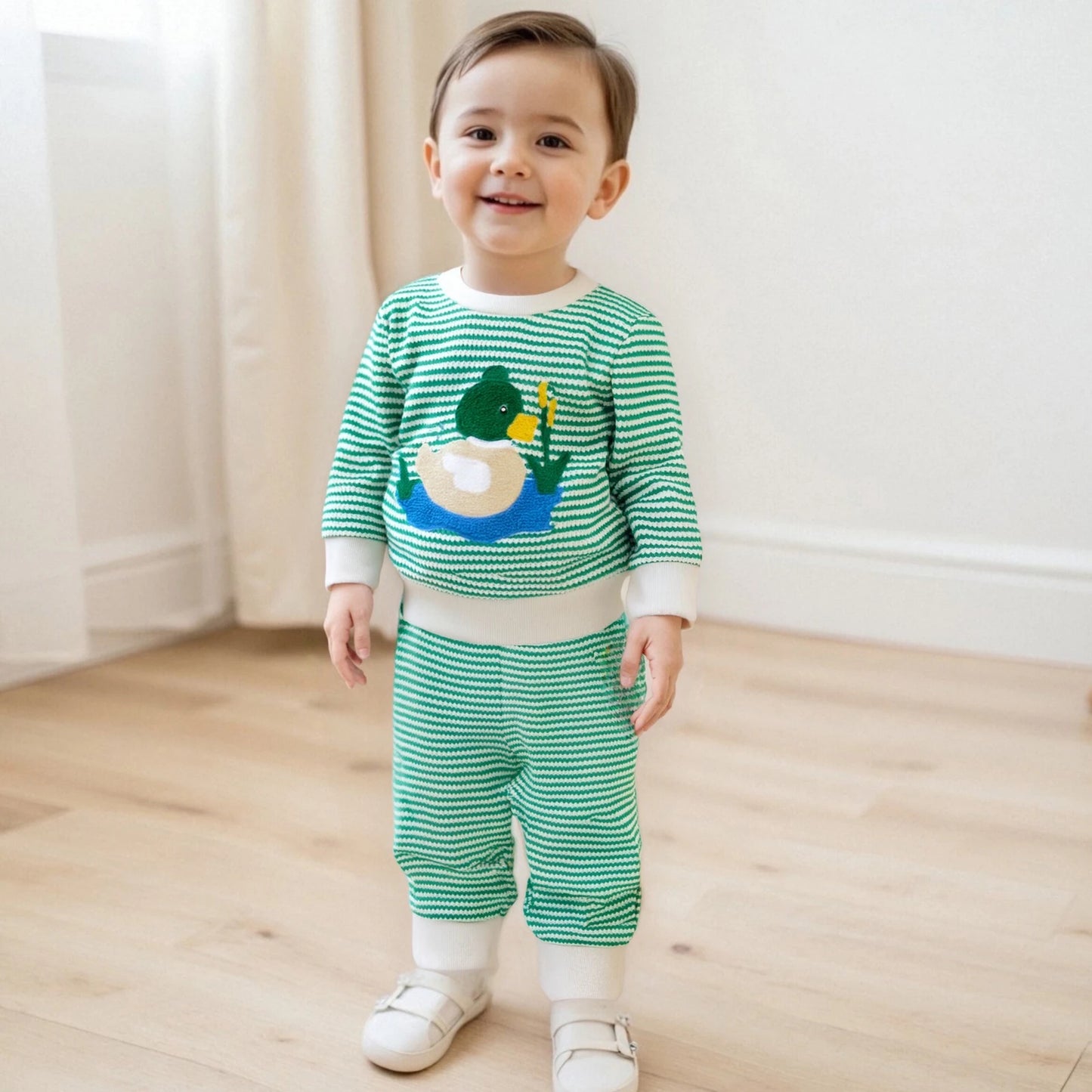 Baby Boy's Outfit Set - Duck/Truck Embroidered Striped Sweatshirt & Pants
