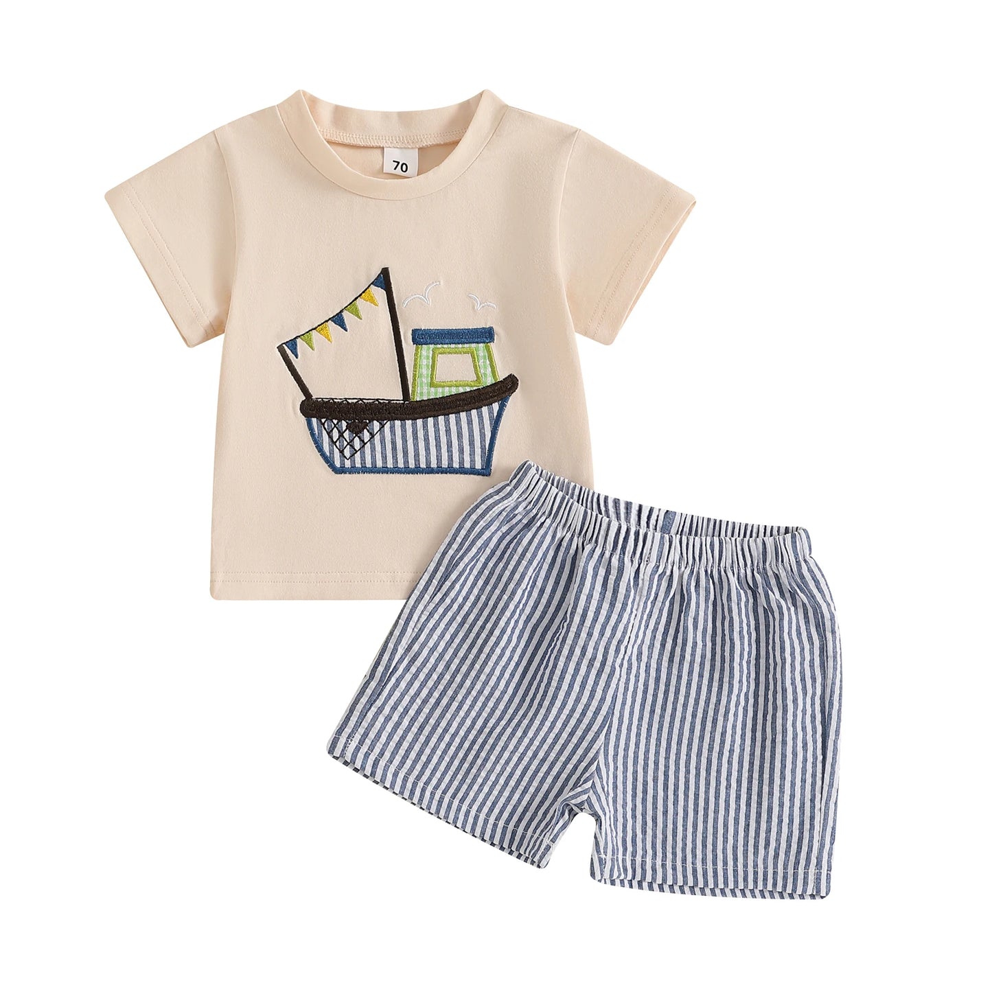 0-3Y Casual Kids Boys Clothes Sets Boat Embroidery Short Sleeve T-shirt Striped Elastic Waist Shorts