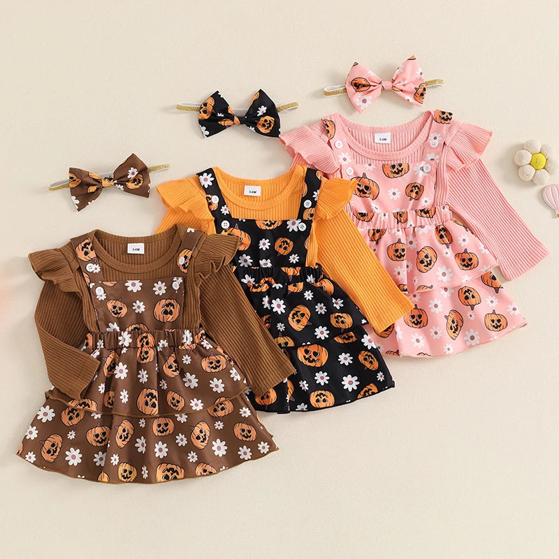 Baby Girl's Halloween Outfit Set - Ribbed Romper, Pumpkin Suspender Skirt & Bow Headband