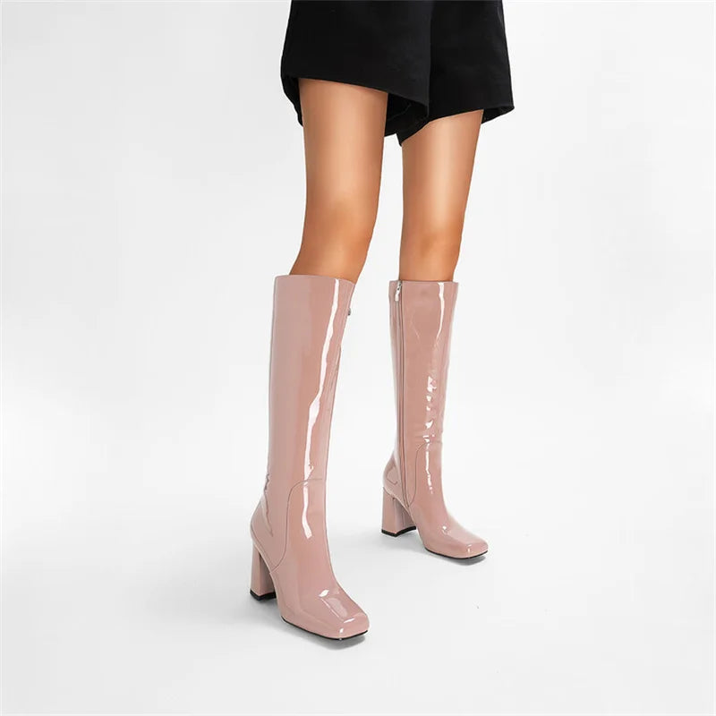 Women's Patent Leather 7cm Thick Heel Knee Side Zipper Boots