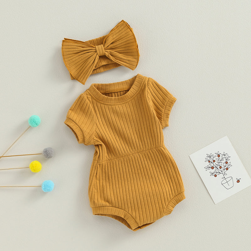 Newborn Baby Girl Romper Set - Short Sleeve Jumpsuit with Bow Headband (3 Colours)