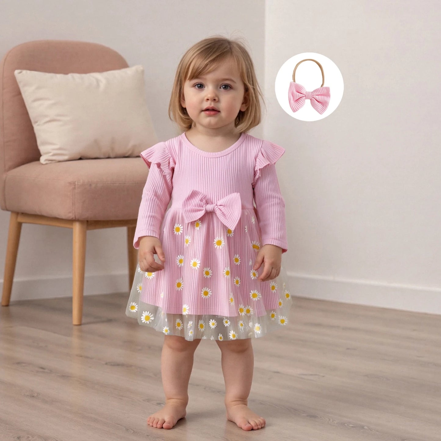 Lovely Baby Girls Fall Winter Dress - Sunflowers Print Tulle Dress with Headband (0-3Y)