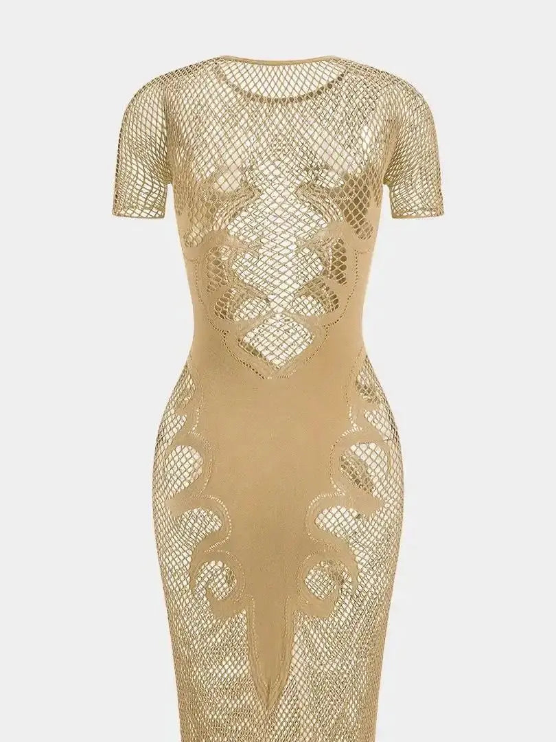 Knit Cut-Out Sheer Dress - Short Sleeve Column Party Dress and Cover Up