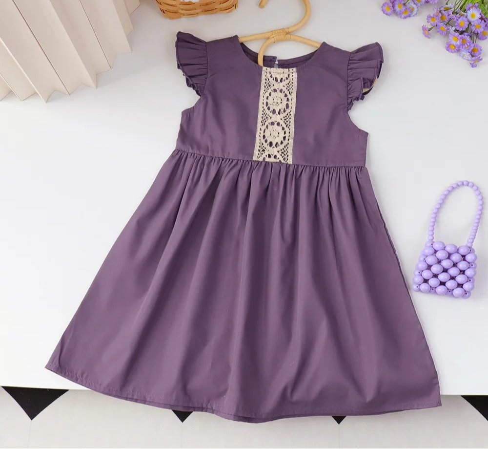 Girls Purple Lace Dress - Flying Sleeve Summer Dress with Patchwork Detail