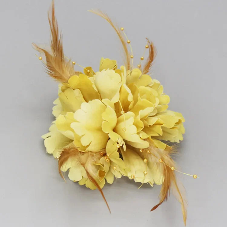 Handmade Fabric Flower Brooch - Pearl Feather Wedding Party Corsage