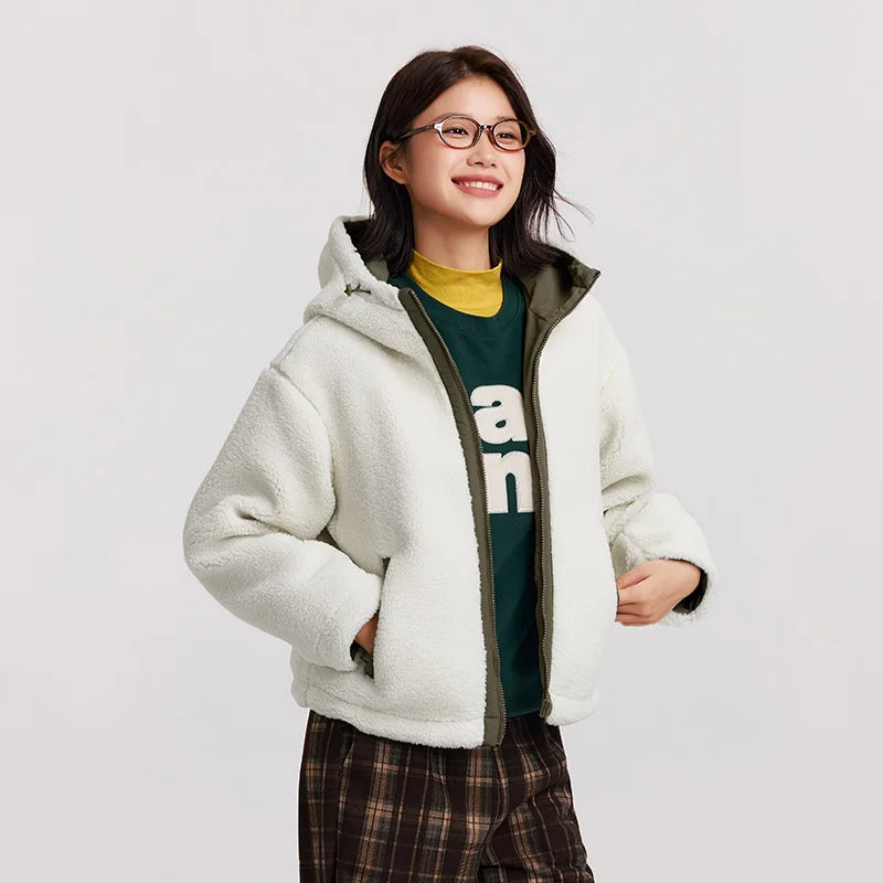 Women's Anti-Static Faux Sherpa Hooded Jacket - Loose Fit Color Block Winter Coat