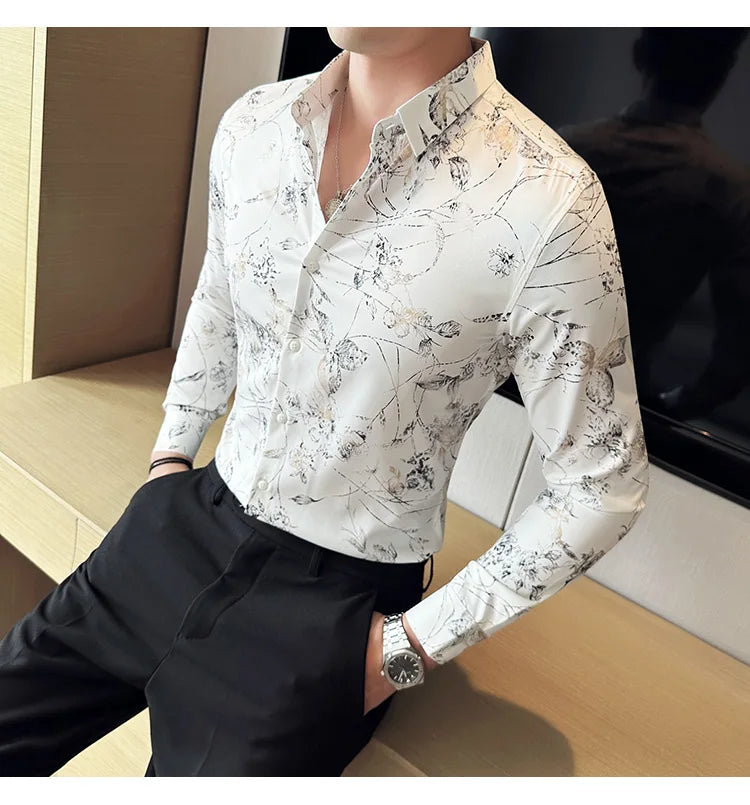 Men's Print Shirt - Slim Fit Long Sleeve Turn Down Collar Shirt