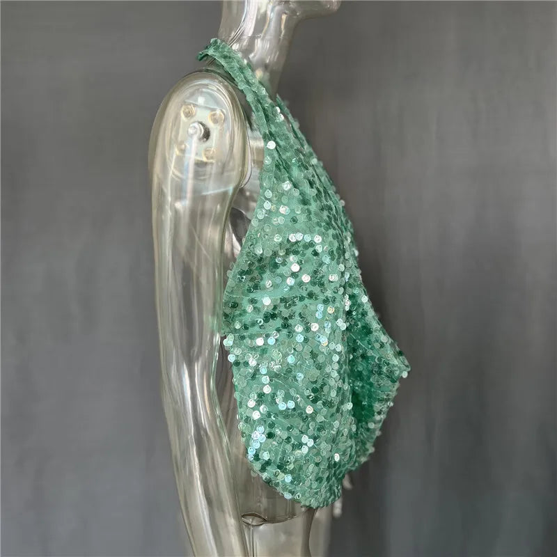 Women's Halter Deep V Neck Sequins Tank Cropped Top