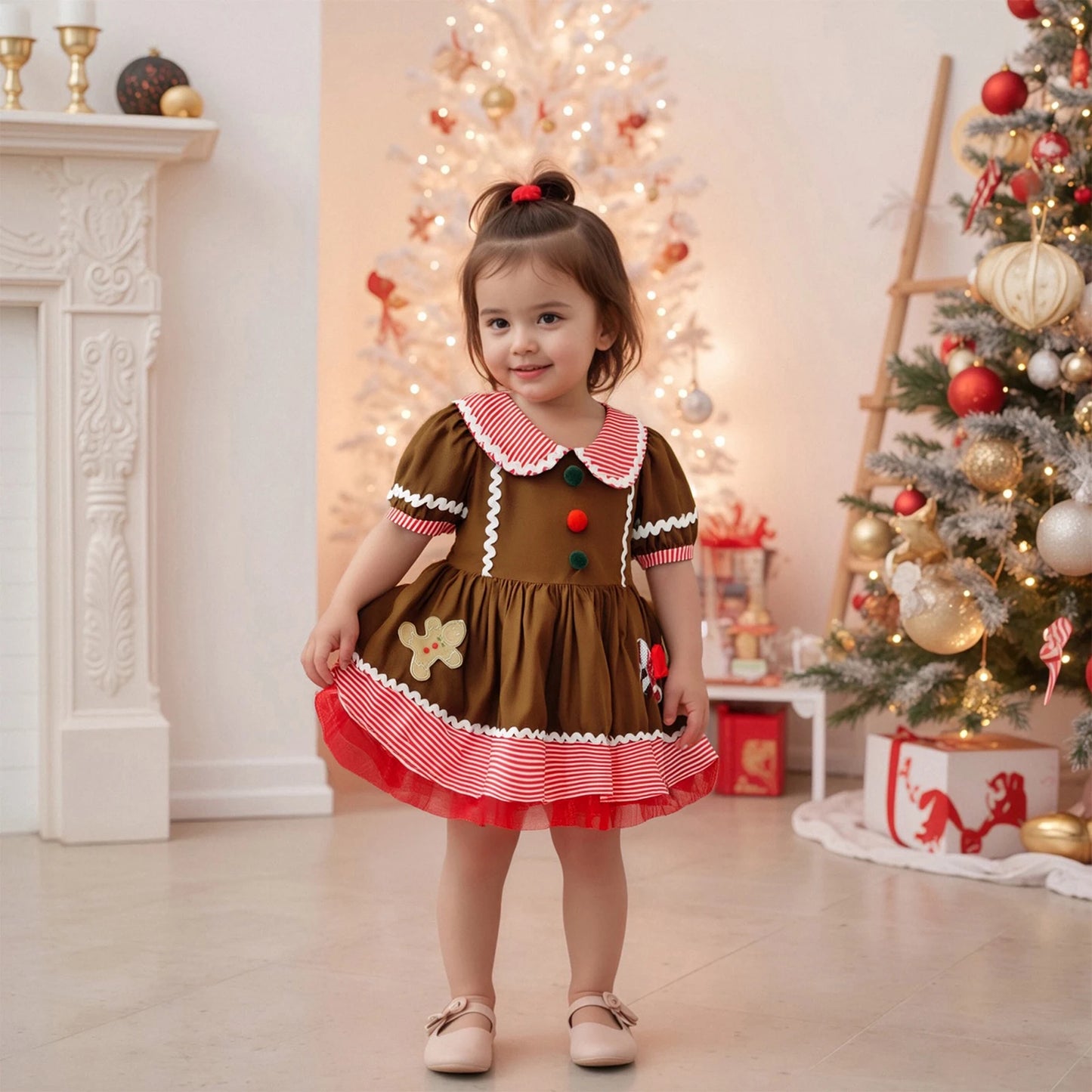 Toddler Girl's Christmas Dress - Gingerbread Man Print Doll Collar Bubble Sleeve