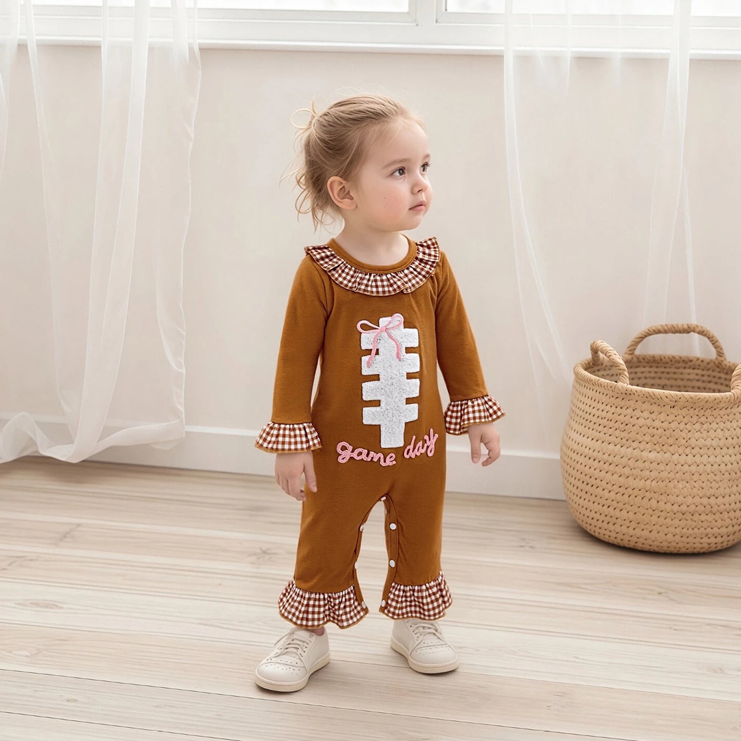 Baby Autumn Winter Romper - Plaid Print Football Embroidery Ruffled Jumpsuit (0-18M)