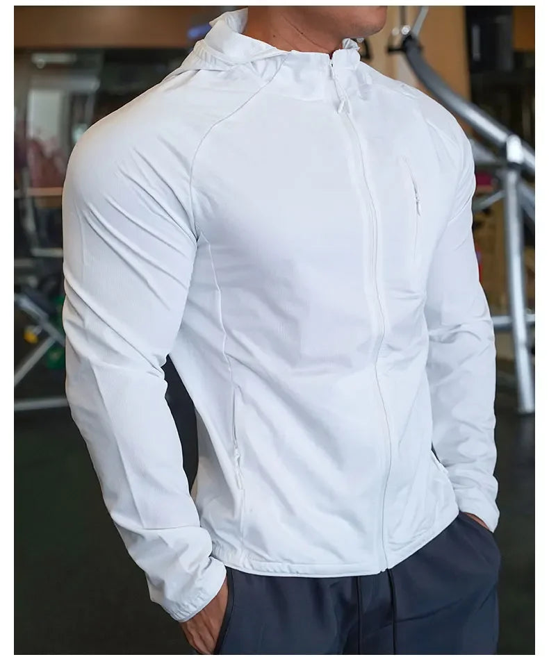Men's Nylon Sport Coat Gym Fitness Hoodies Outdoor Workout Tops Hooded Training Running Zipped Jacket