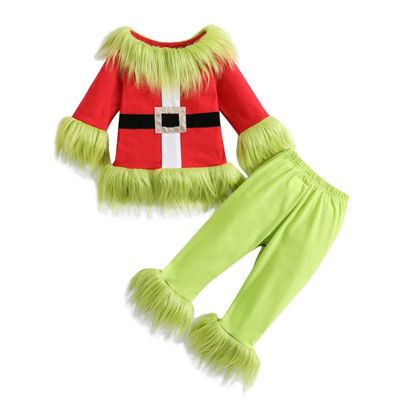 Kids Christmas Outfit Set - Furry Plush Patchwork Top & Elastic Waist Pants