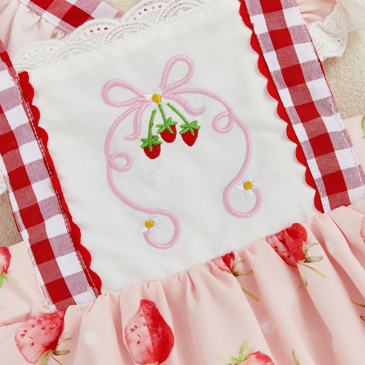 Baby Girls Strawberry Plaid Romper Dress - Flutter Sleeve Summer Jumpsuit (0-24M)