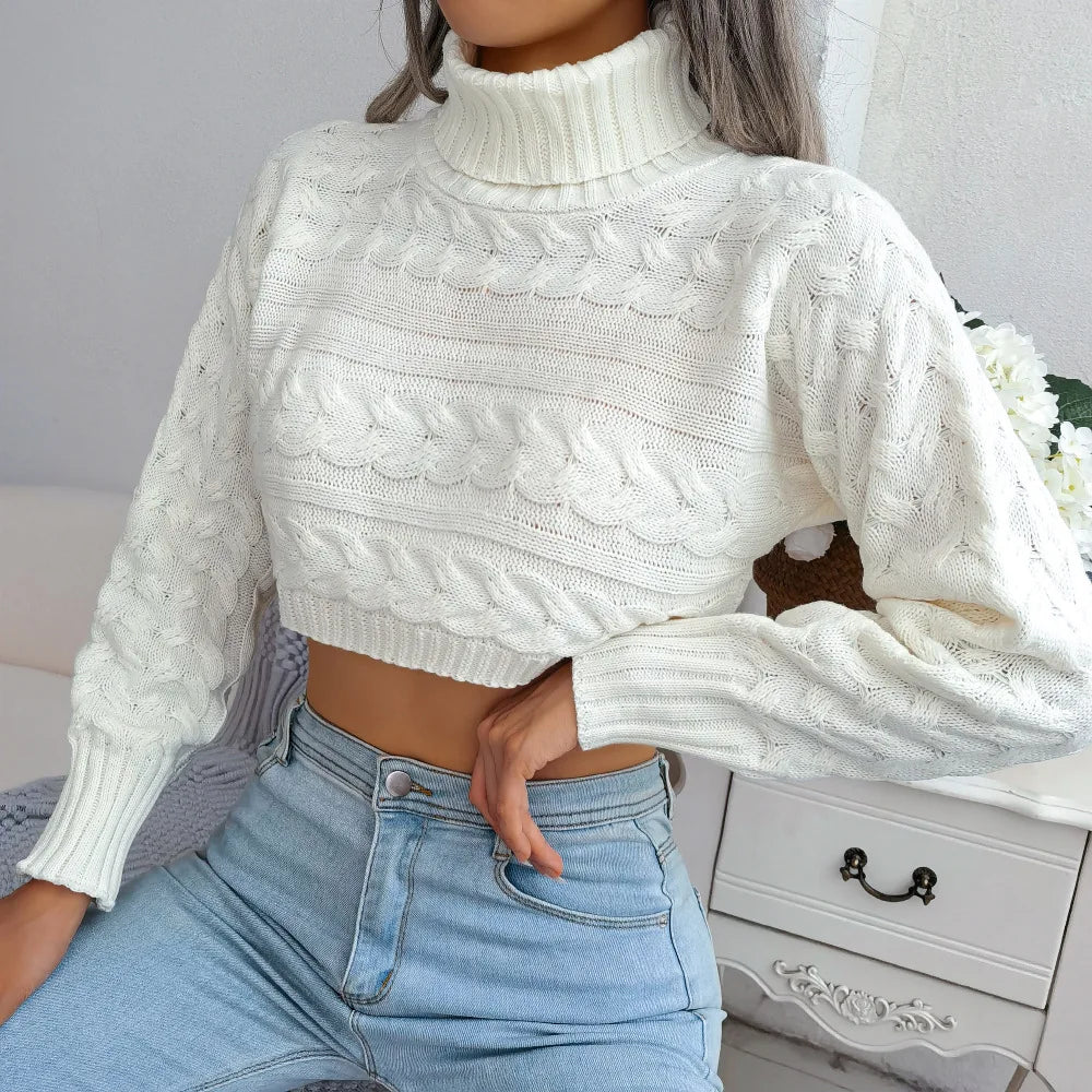 Women's Autumn Winter Casual Twist Long Sleeve Turtleneck Crop Knit Sweater