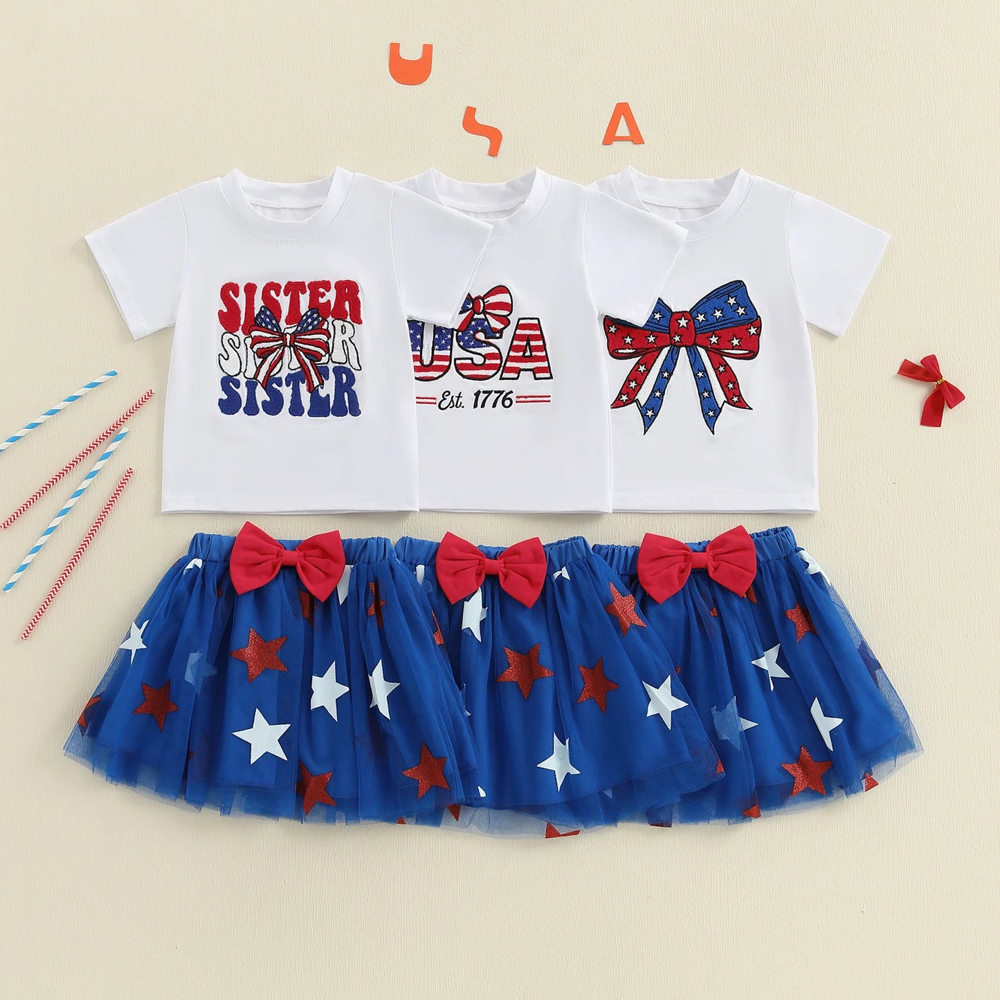 0-4Y Summer Kids Girls USA Clothes Set Short Sleeve Letter Bow Embroidery T Shirts Star Tulle Skirt