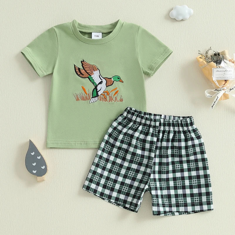 Summer Baby Boys Casual Outfit Set - Duck Embroidery T-Shirt & Plaid Shorts (0-3Y)