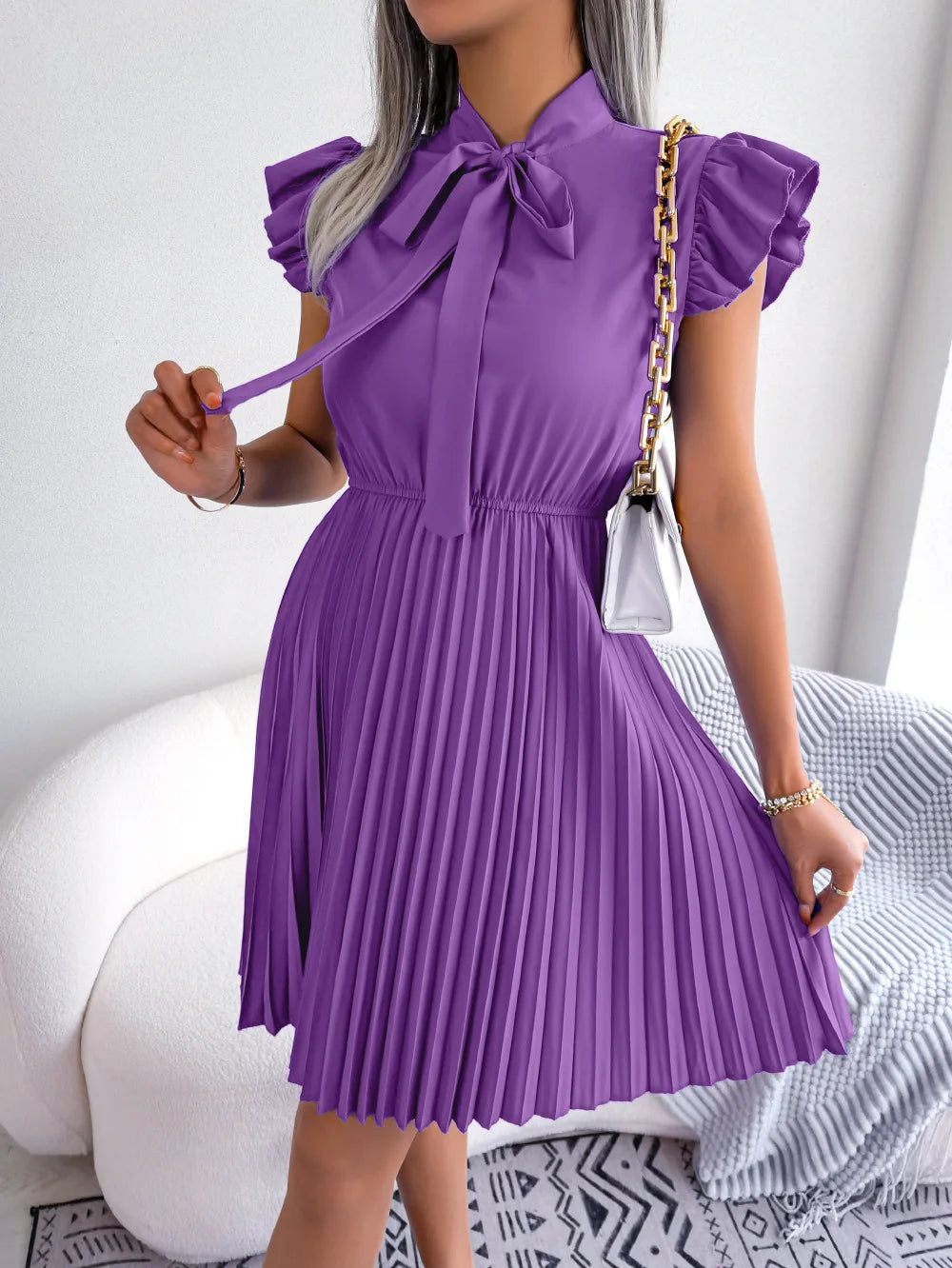 Women's Spring Summer Elegant Lace Up High Waist Large Fold Bow Collar Pleated Dress