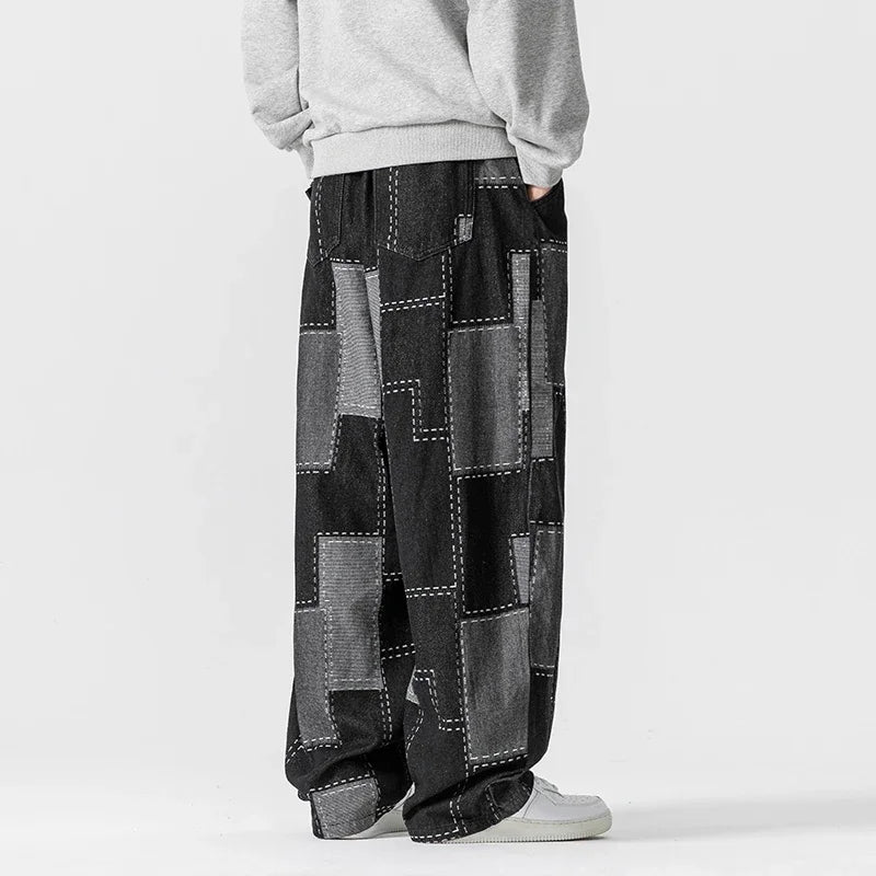 Men's Autumn Winter Loose Patchwork Denim Pants Casual Jean Trousers