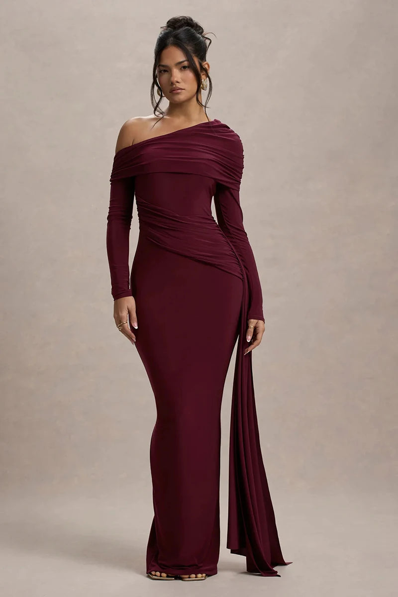 Women's Skew Collar Long Sleeve Maxi Backless Draped Ruched Bodycon Long Dress