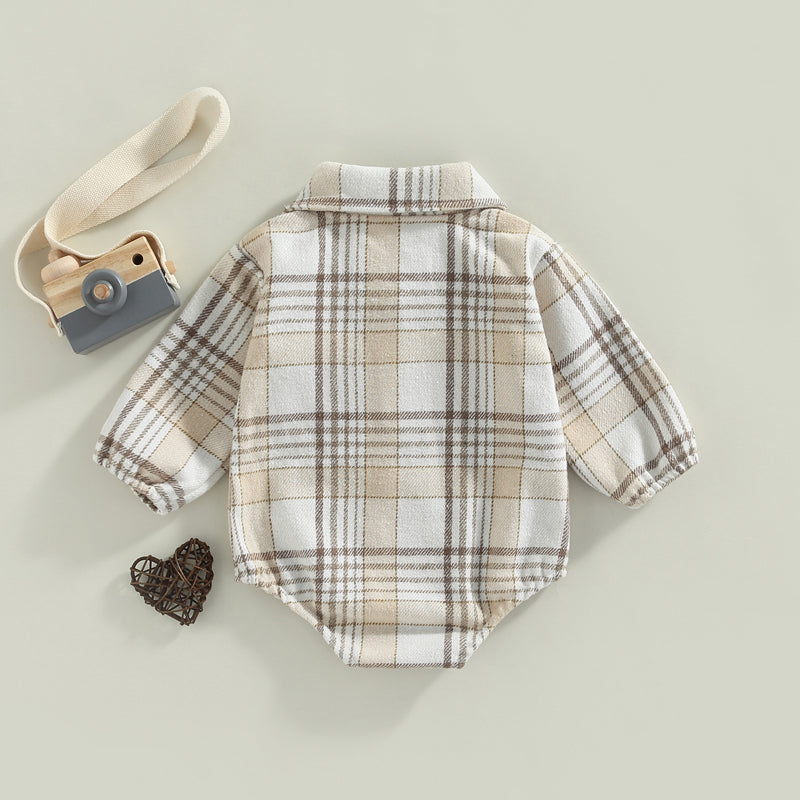 0-24M Infant Baby Boys Gentlemen Romper - Long Sleeve Turn Down Collar Plaid Printed Jumpsuit