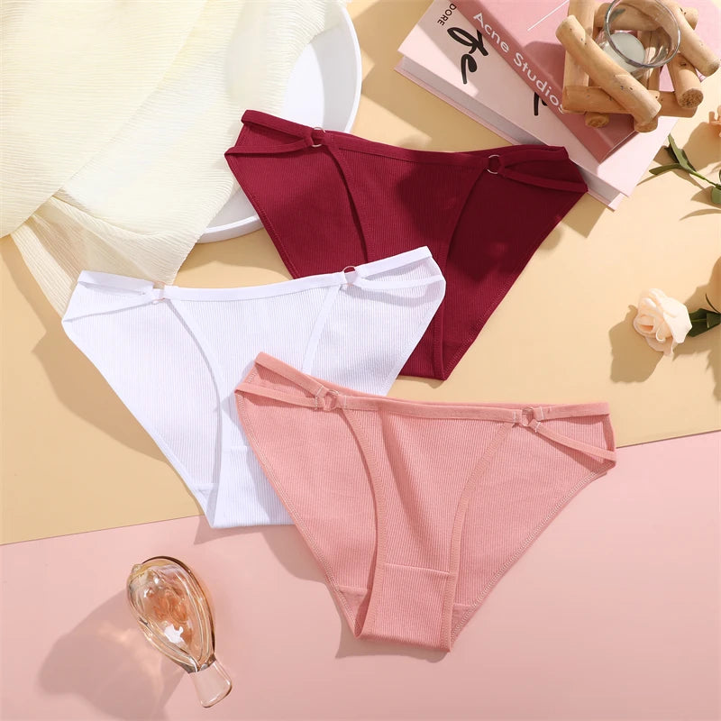 Women's 4Pcs/Set Cotton Double Belts Underwear Metal Ring Panties Low Waist Striped Briefs Breathable Lingerie