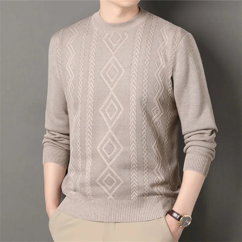 O-Neck Fleece Pullover - Thick Knitted Geometric Sweater