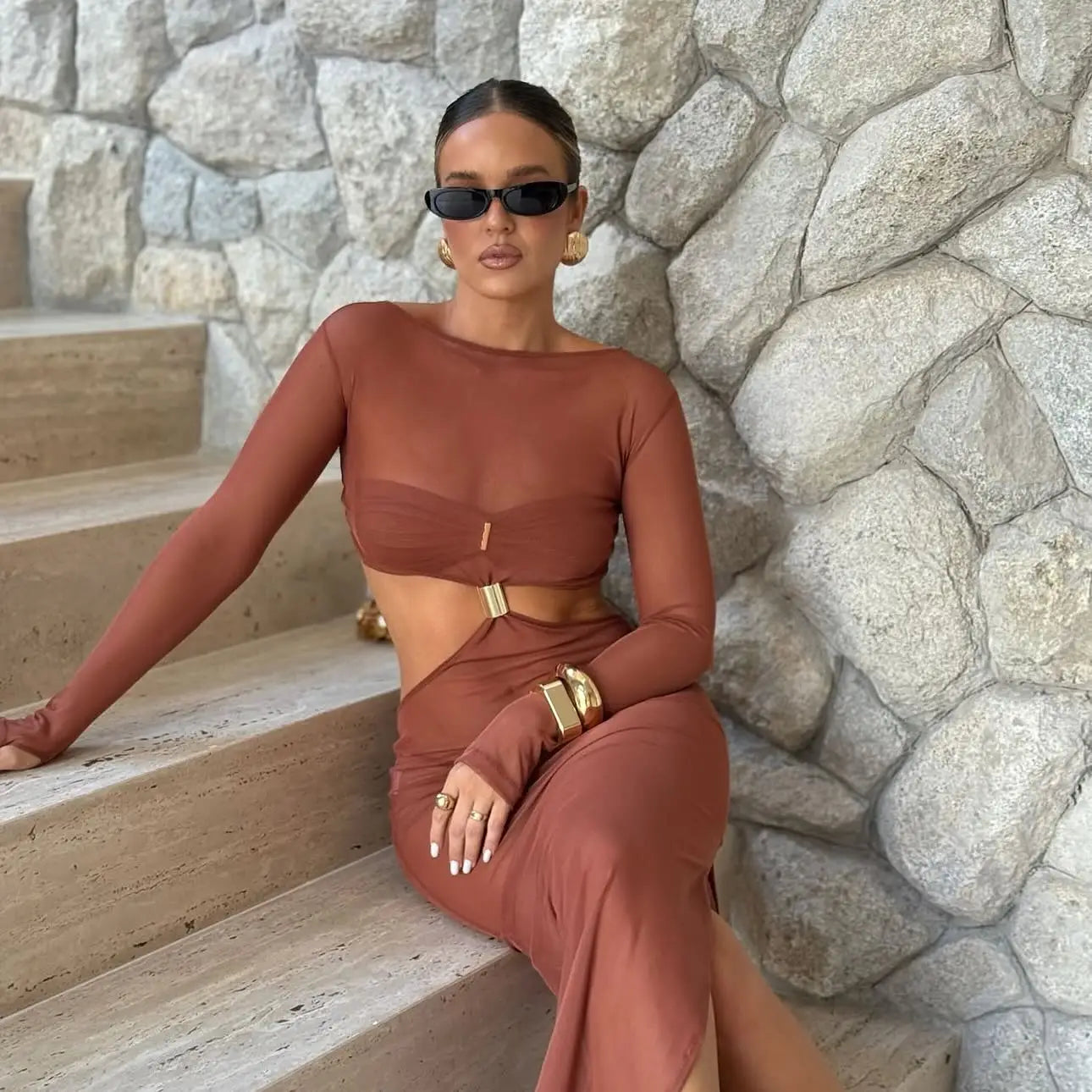 Women's Cut out Dress with Bikini 3 Pcs Long Sleeve Cover Up Lace Up Slit Long Summer Beach Dress