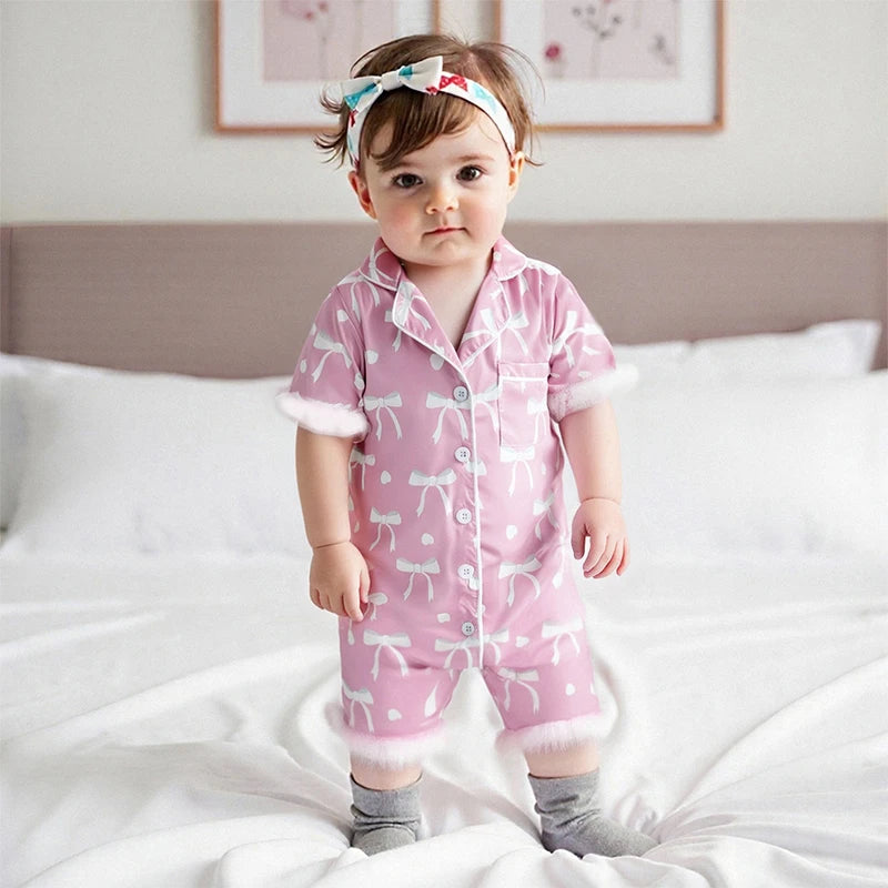 Baby Girls' Satin Romper Pajamas - Bow Print Feather Cuffs Short Sleeve Lapel Jumpsuit