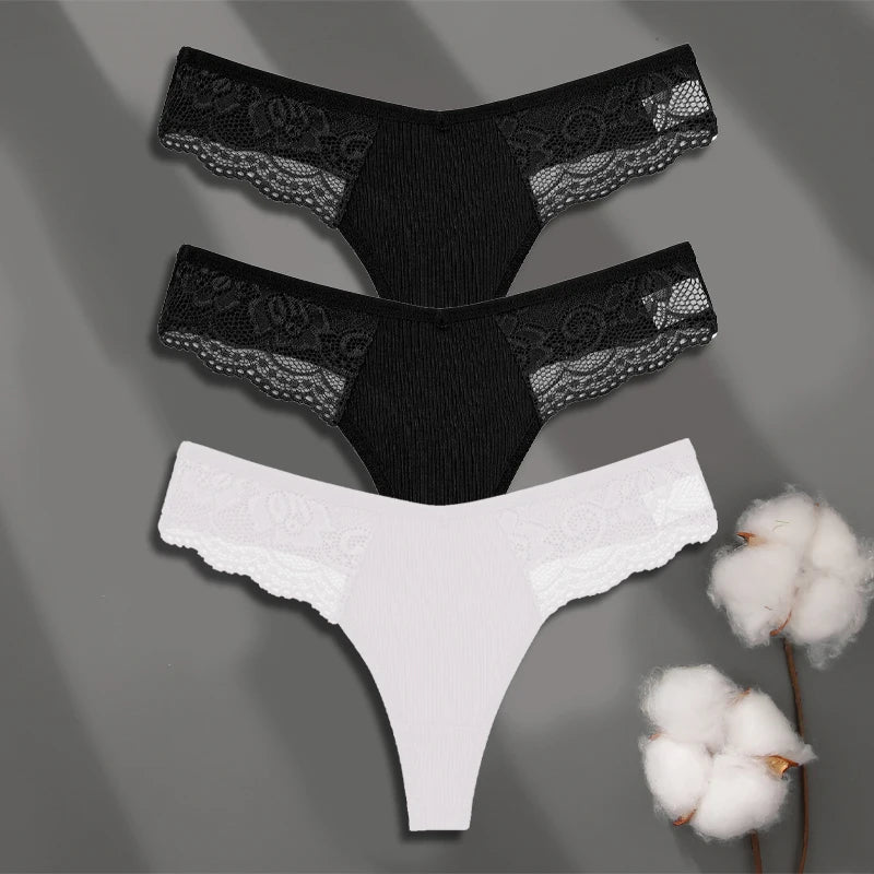 Cotton Lace Thongs - 3 Pack Low Waist Bikini Panties