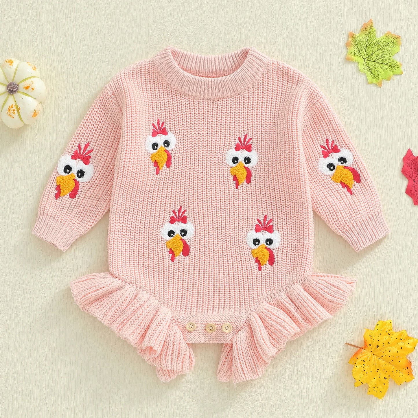 Baby Thanksgiving Knit Romper - Turkey Embroidery Long Sleeve Ruffle Bodysuit Sweater