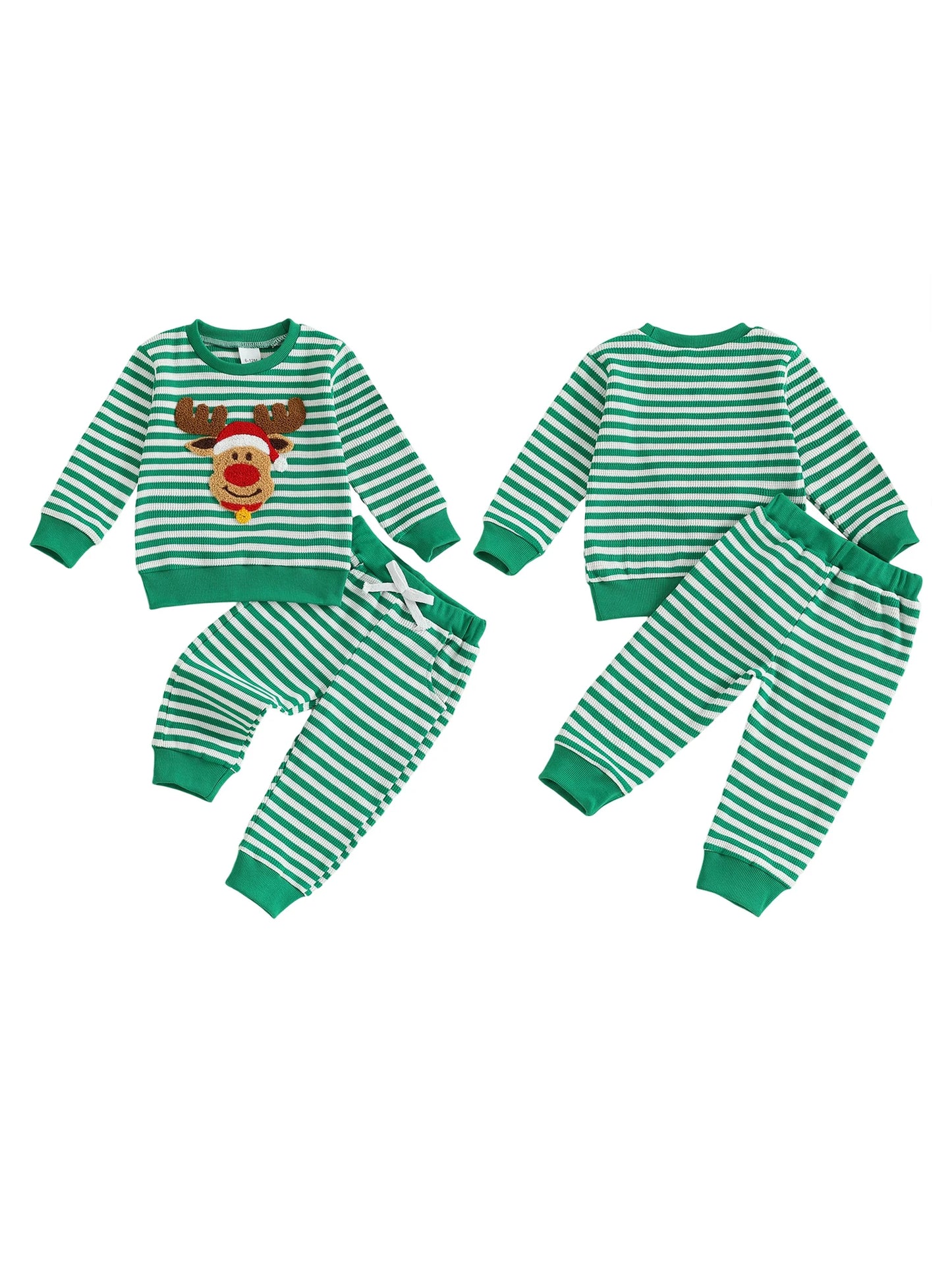 Infant Baby Boys Christmas Clothes Set - Long Sleeve Deer Embroidery Striped Sweatshirt & Pants