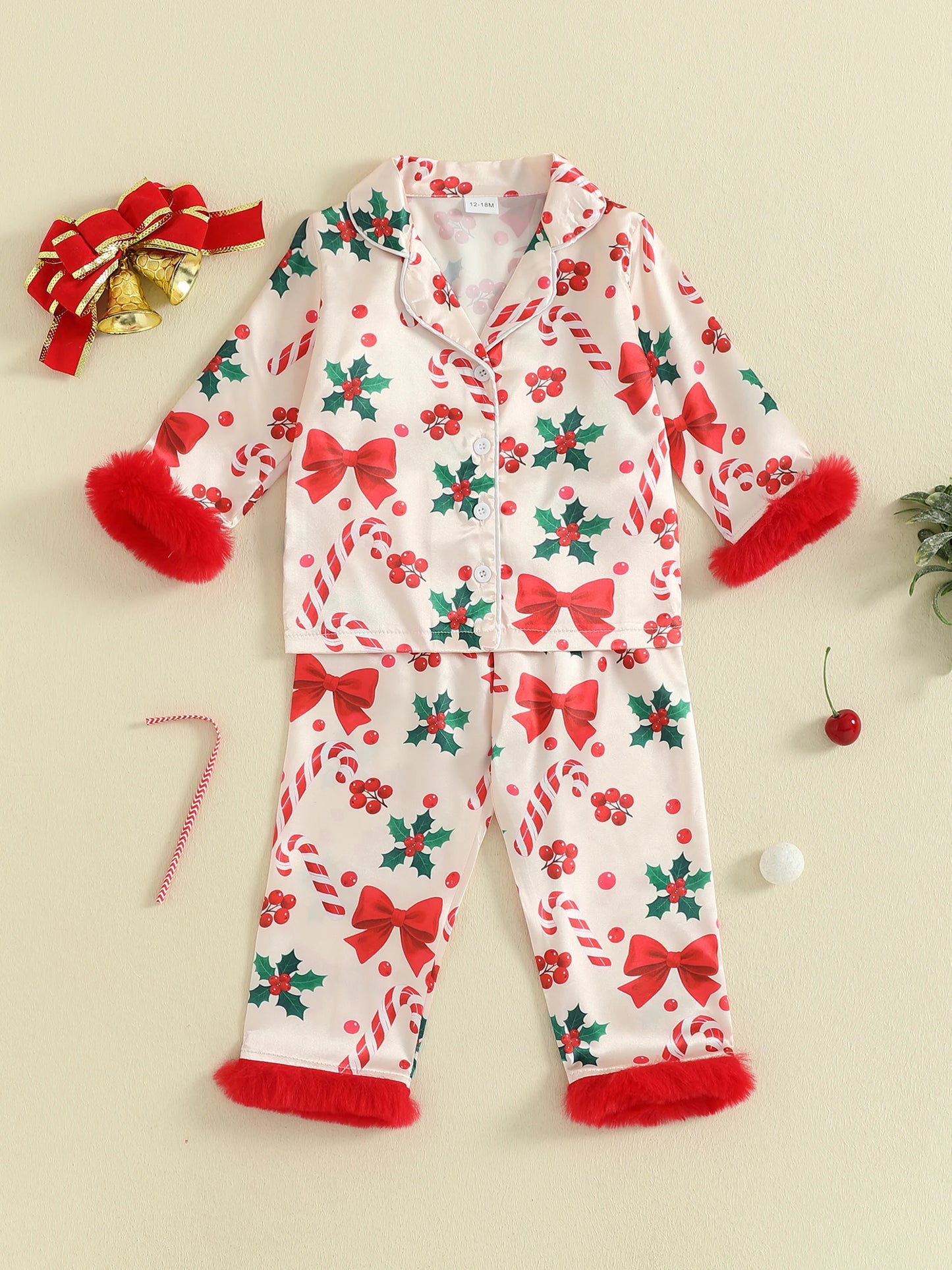 Kids Girls Christmas Satin Pyjamas Set - Candy Cane Bow Print Button Down Top & Pants (0-7Y)