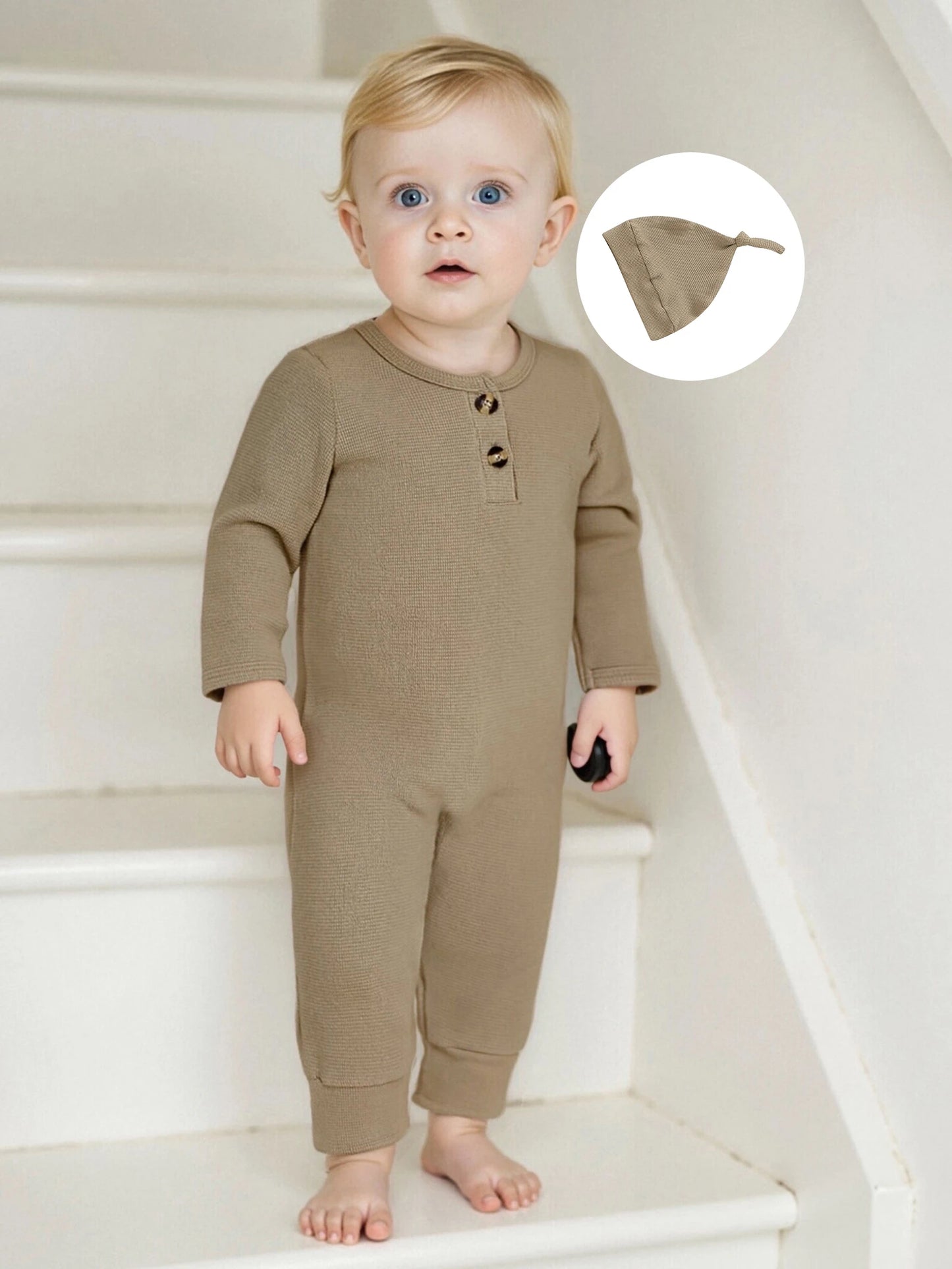 Newborn Baby Fall Winter Romper - Long Sleeve Solid Jumpsuit with Hat (0-6M)