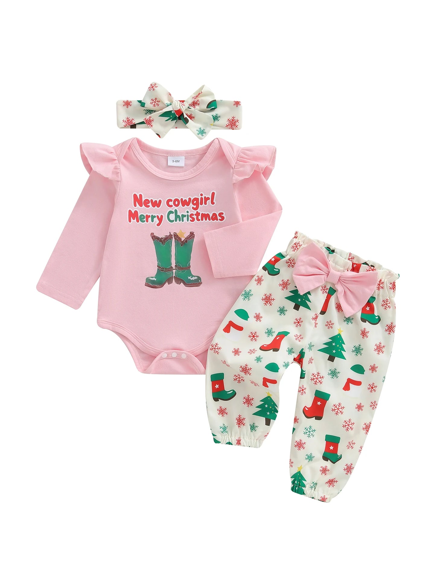 Baby Girls Christmas Outfit Set - 3-Piece Letter Long Sleeve Romper, Pants & Bow Headband (0-18M)