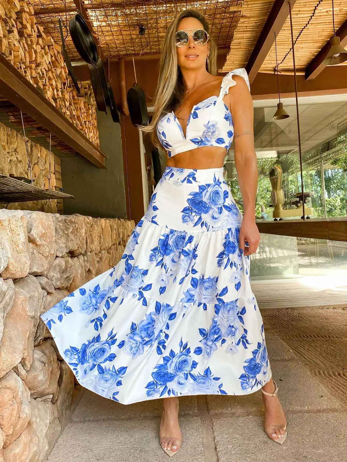Women's Print Beach Two Piece Skirt White Bra High Waist A-line Long Skirt Beach Set