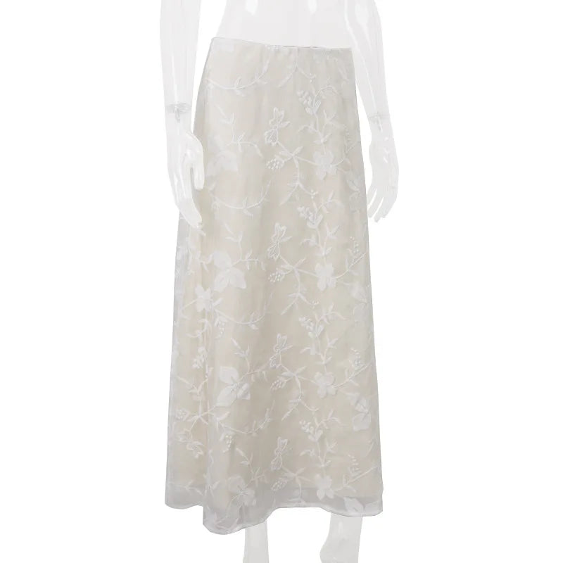 White Jacquard Maxi Skirt - Elegant Low Rise Y2K Summer Skirt