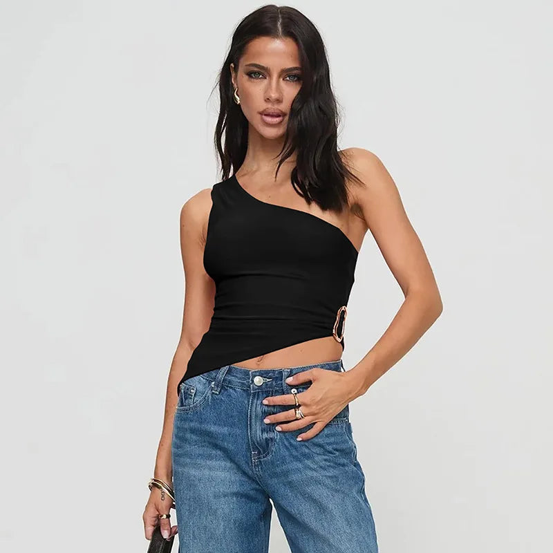 Women's Summer One Shoulder Backless Basic Asymmetrical Crop Top Tank Ruched Top