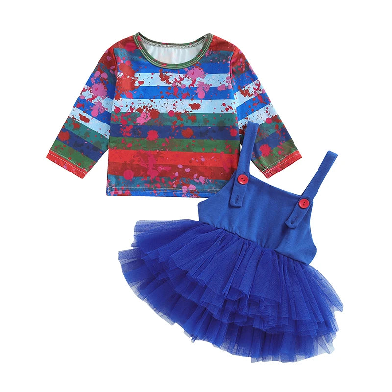 Girl's Halloween Outfit Set - Stripe Print Top & Lace Tulle Suspender Skirt