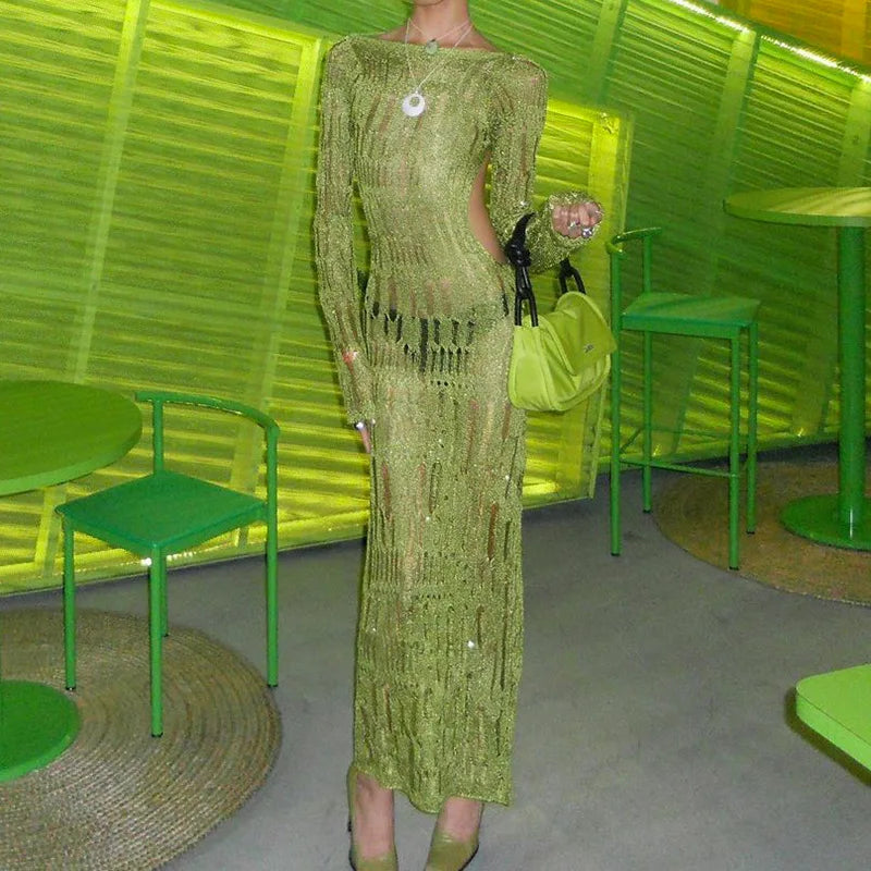Women's Hollow Out Knitted Open Back Maxi  Elegant Long Sleeve Sheer Dress