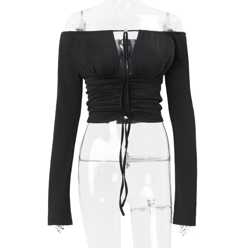 Women's Off Shoulder Tie Front Cropped Top with Cut Out Detail