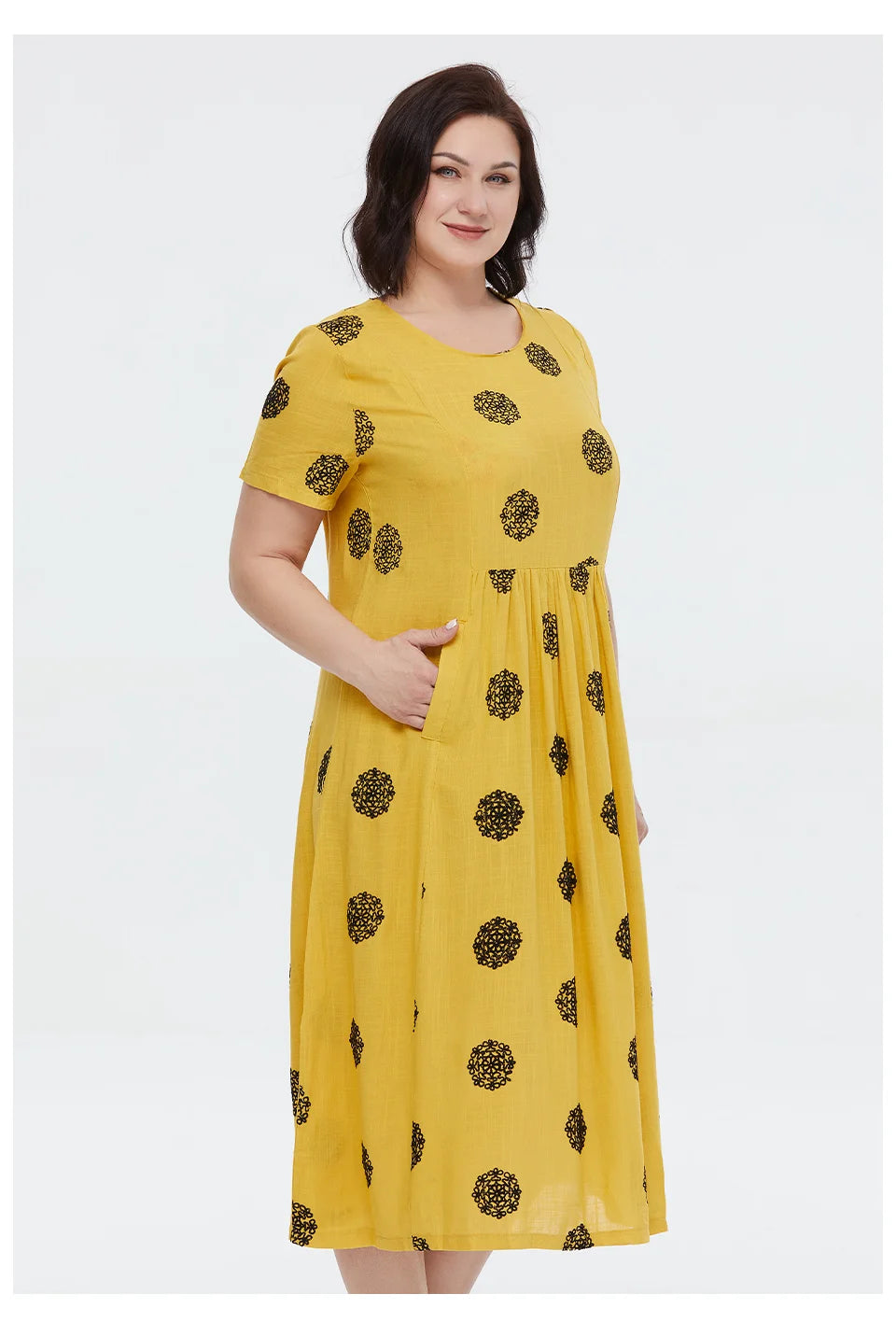Women's Summer Elegant Cotton Oversize Office Polka Dot Embroidery Design Pocket Long Dress