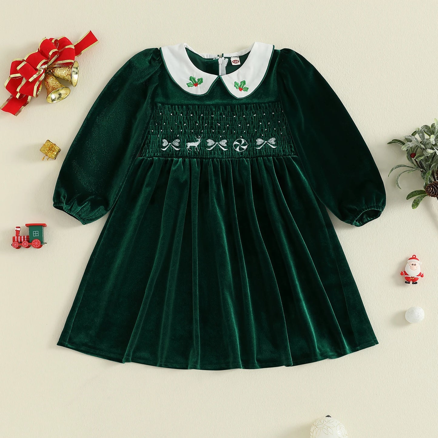 Little Girl's Velvet Christmas Dress - Deer Bow Holly Embroidered Smocked A-Line