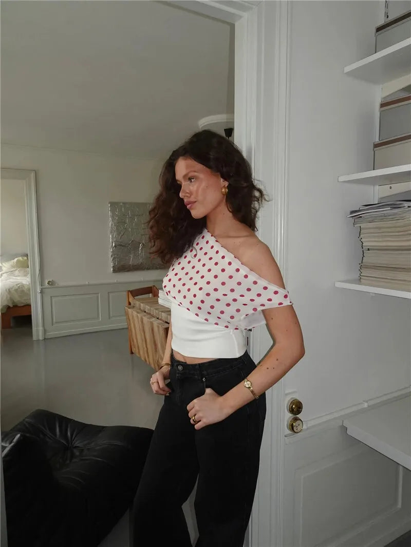 Women's Backless Polka Dot Crop Top Summer New Oblique Shoulder Sleeveless Tank Top