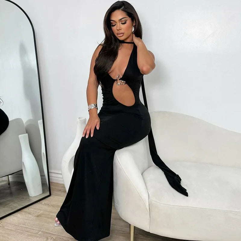 Women's Embellished Plunge Halter V Neck Maxi Outfit Club Party Cut Out Bodycon Dress