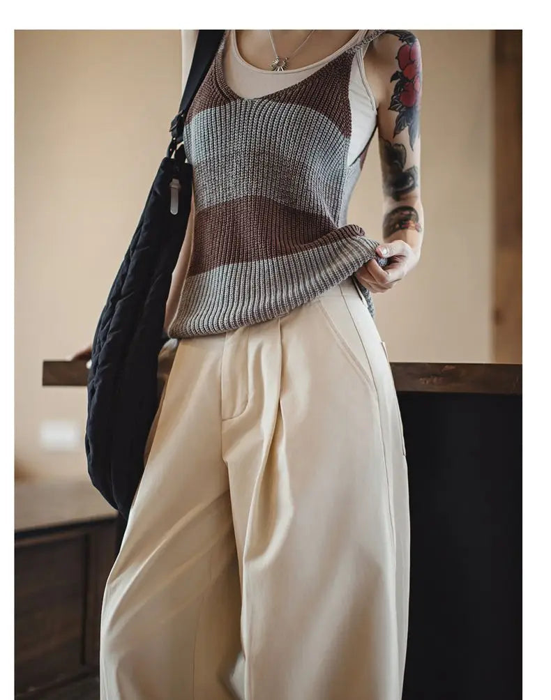 Women's Vintage Pleated Wide-Leg Palazzo Pants - Floor-Length Trousers